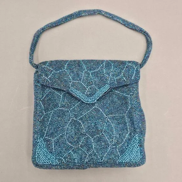 VTG Beaded Purse Made in Japan Blue Mosaic Iridescent Evening Bag Top Handle 60s - Picture 14 of 14